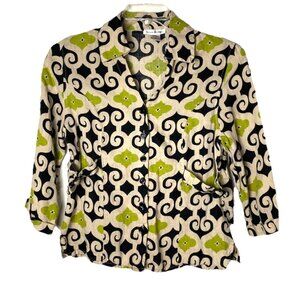 Vtg Susan Bristol Blouse Top Sz L Green Button Down Artsy Geometric Y2K Beach